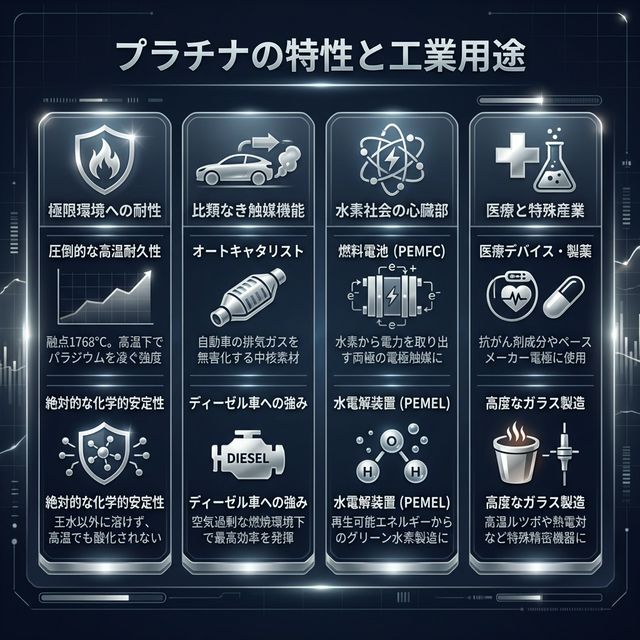 プラチナの物理特性・工業用途イメージ